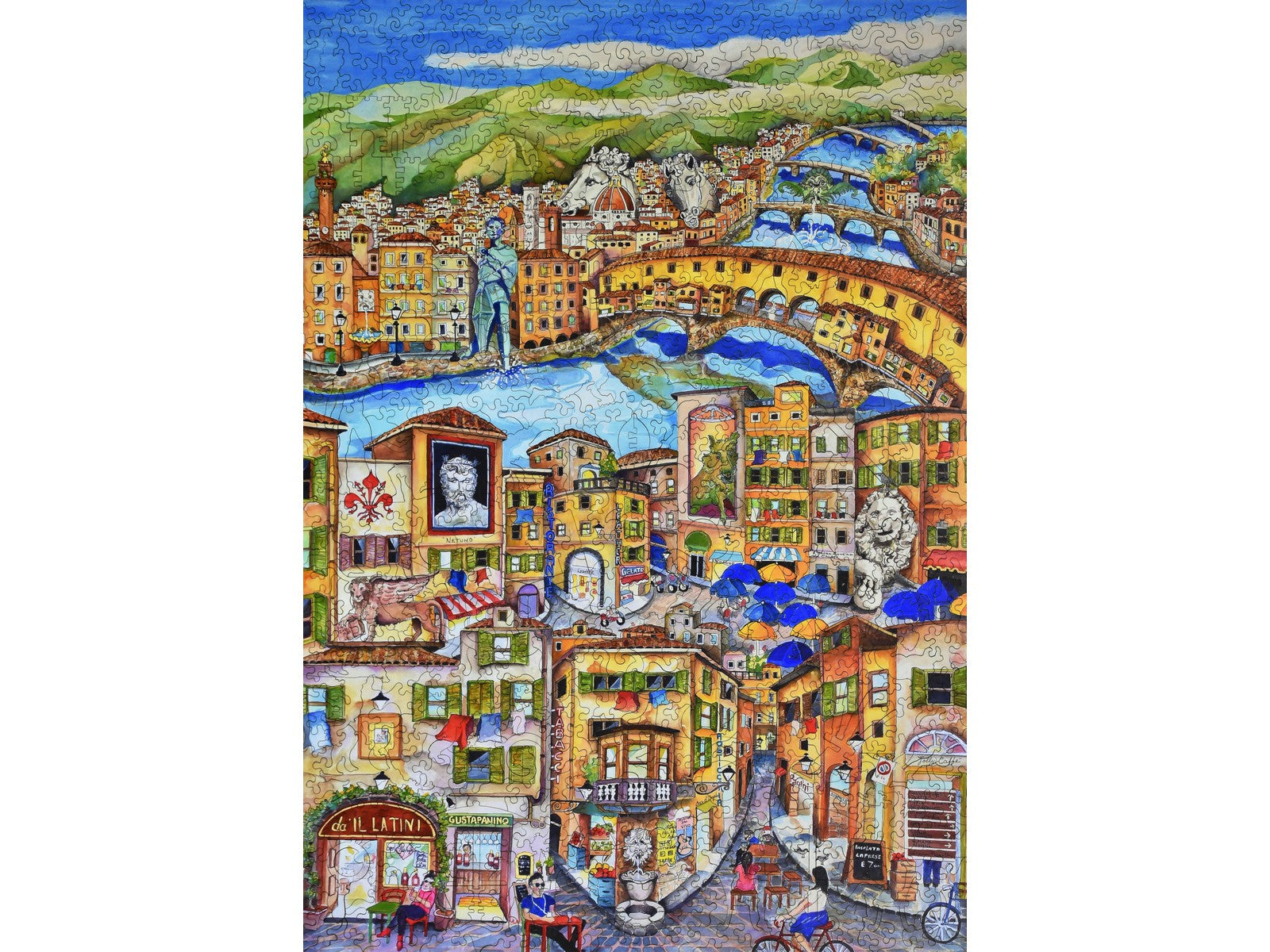 The front of the puzzle, Florence, which shows a city by a river.