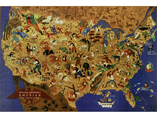 The front of the puzzle, William Gropper's American Folklore, which shows an illustrated scene of characters in american folklore, on top of a map of the united states.