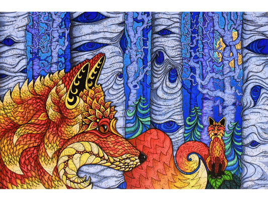 The front of the puzzle, Foxy, with a colorful fox in the forest.