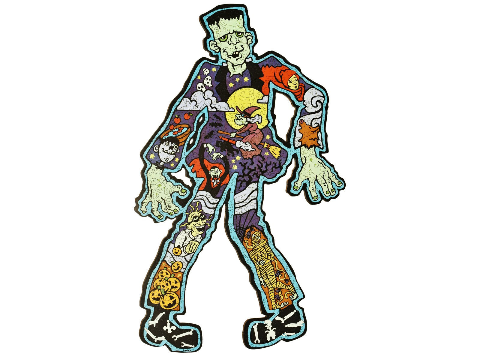 The front of the puzzle, Frankenstein, which shows a cartoon drawing of the monster Frankenstein.