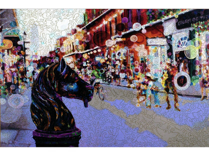 The front of the puzzle, French Quarter Horse Post, showing a street scene in the French Quarter neighborhood of New Orleans, with a metal horse post in the foreground.