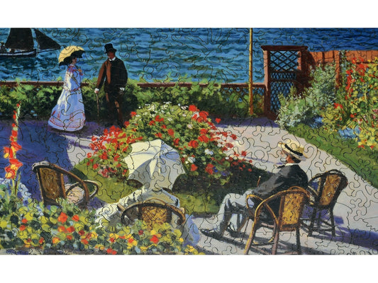 A closeup of the front of the puzzle, Garden at St. Adresse, showing the detail in the pieces.
