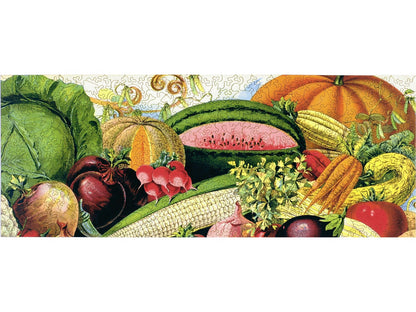 The front of the puzzle, Garden Harvest, showing a bounty of fruits and vegetables from the garden.