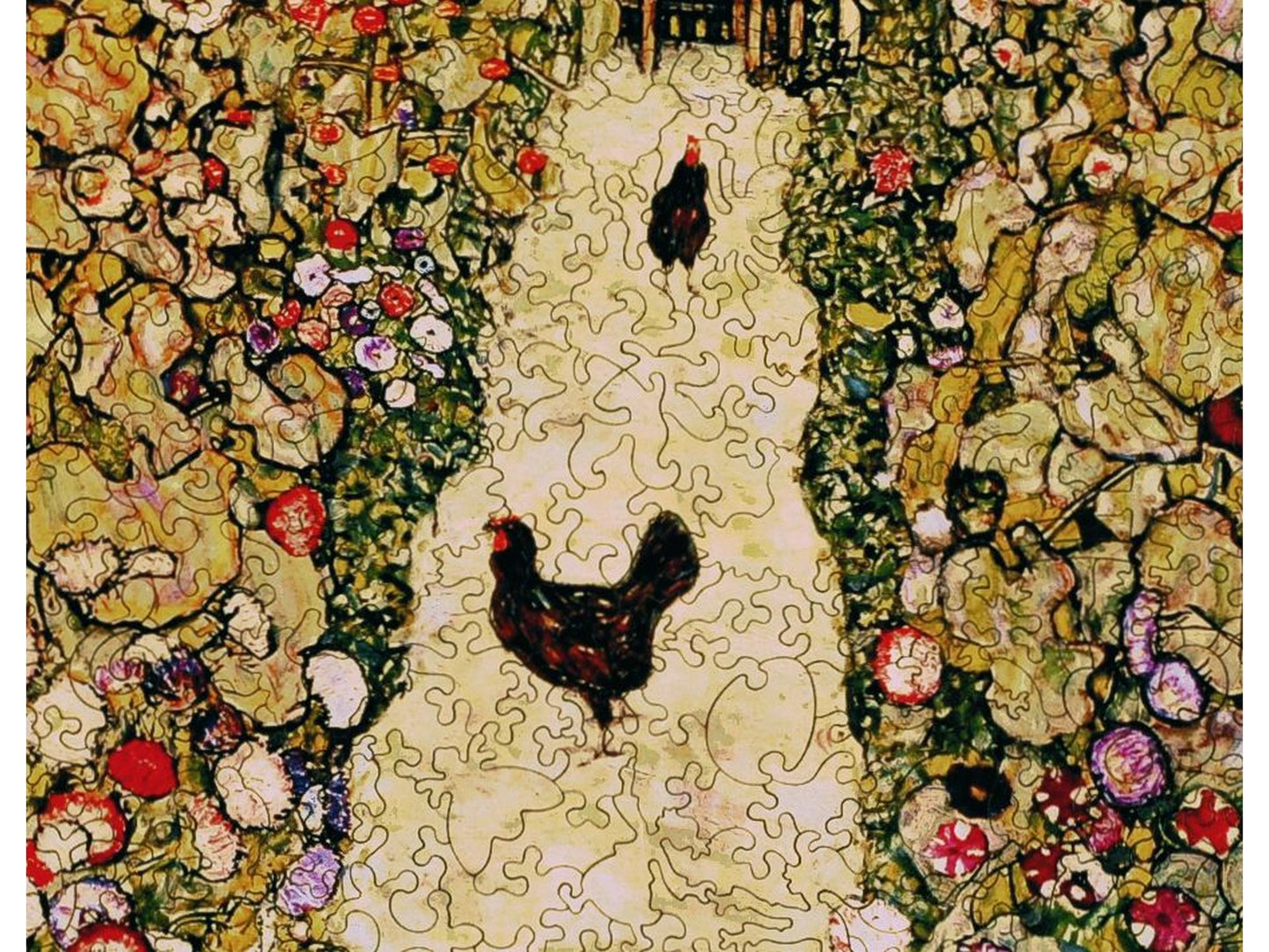 A closeup of the front of the puzzle, Garden Path with Chickens.