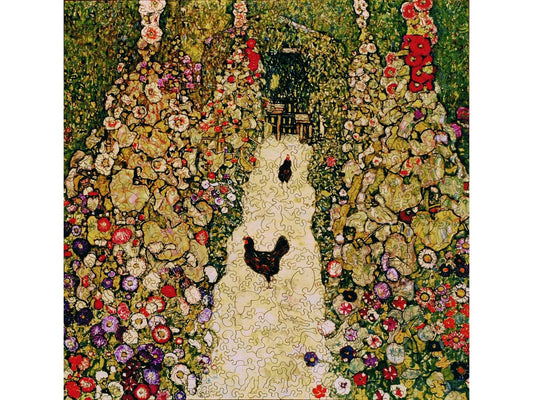 The front of the puzzle, Garden Path with Chickens, which shows an abstract painting of two chickens on a path surrounded by hedges of flowers.