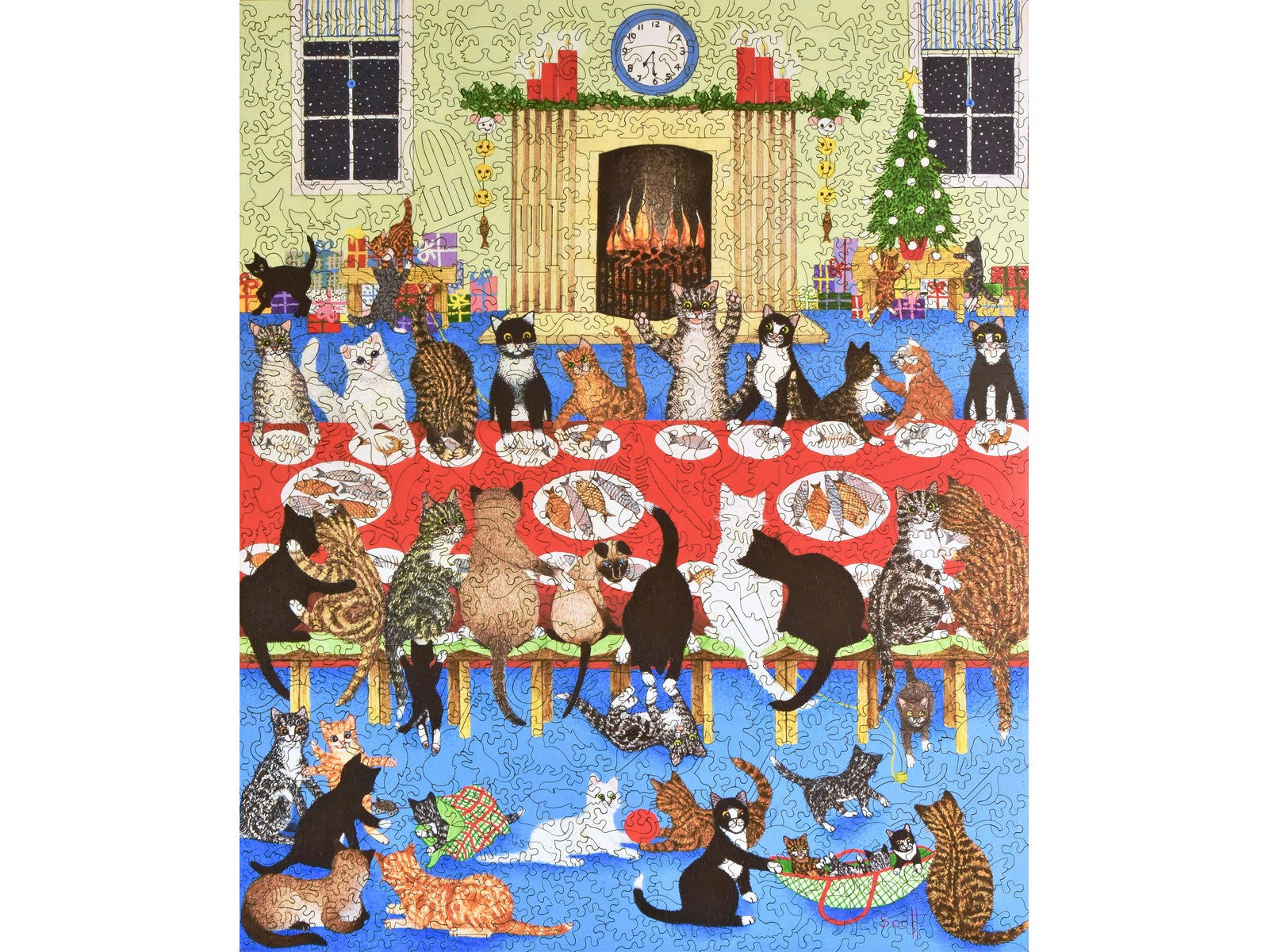 The front of the puzzle, Getting Together, which shows lots of cats having a dinner party.