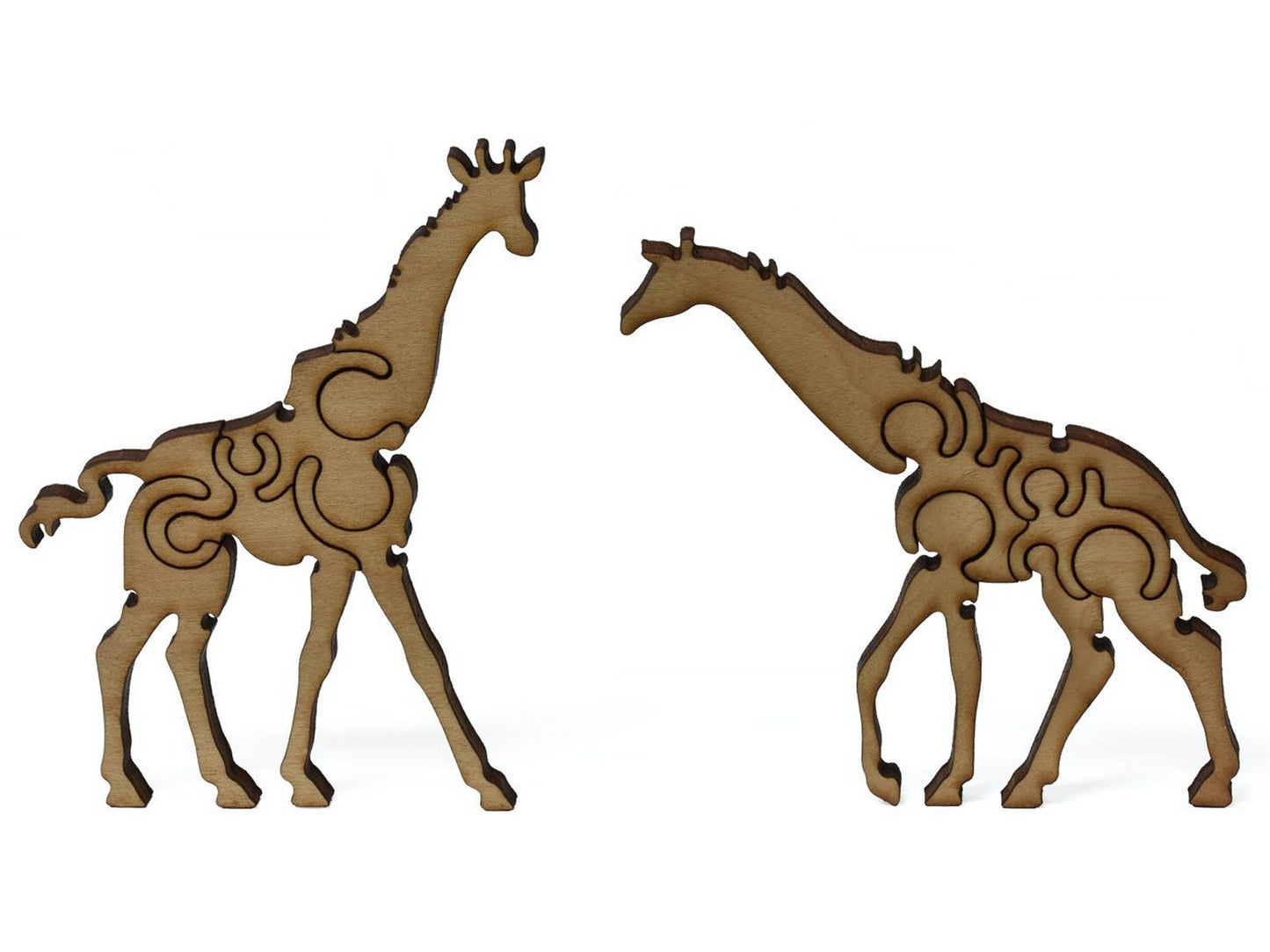 A closeup of pieces showing two multi-piece giraffes.