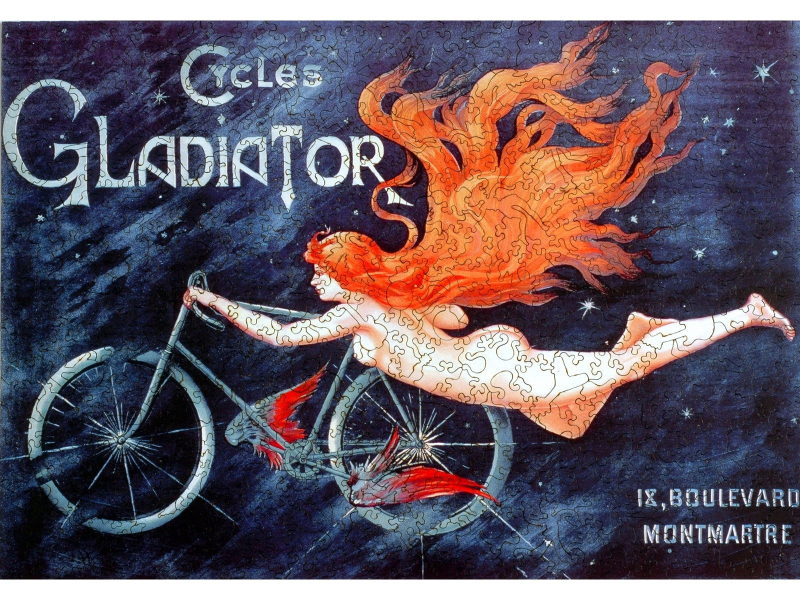 The front of the puzzle, Cycles Gladiator Large, which shows a nude woman flaying through the night sky on a bicycle.