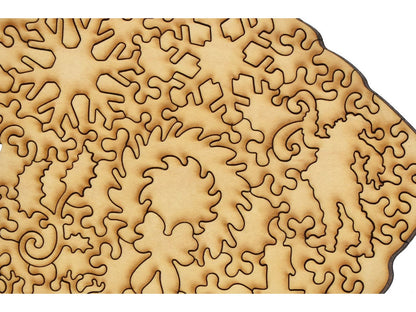 A closeup of the back of the puzzle, Holiday Greetings From Liberty Puzzles, showing the detail in the pieces.