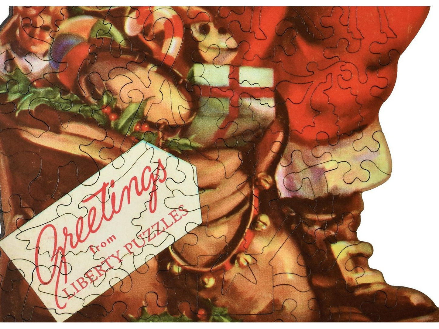 A closeup of the front of the puzzle, Holiday Greetings From Liberty Puzzles, showing the detail in the pieces.