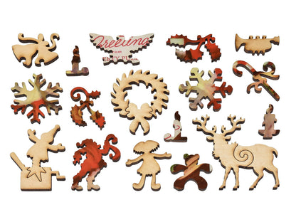 The whimsy pieces that can be found in the puzzle, Holiday Greetings From Liberty Puzzles.