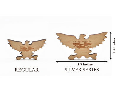 The size comparison of the eagle whimsy in silver series puzzles compared to our regular sized puzzles.