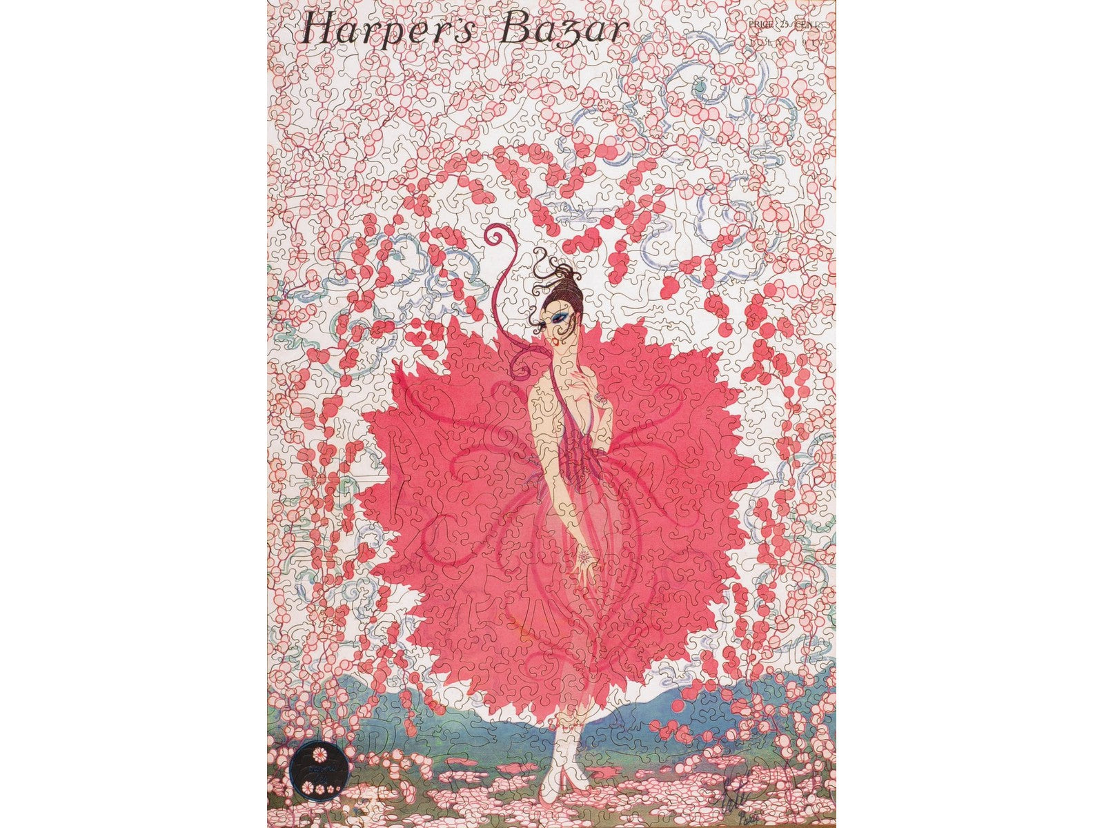 The front of the puzzle, Harper's Bazar, which shows a woman in a pink dress, surrounded by flowers.