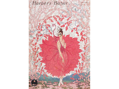 The front of the puzzle, Harper's Bazar, which shows a woman in a pink dress, surrounded by flowers.