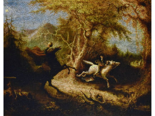 The front of the puzzle, The Headless Horseman Pursuing Ichabod Crane, which shows two men on horses in the countryside.
