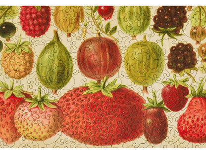 A closeup of the front of the puzzle, Heirloom Berry Assortment, showing the detail in the pieces.
