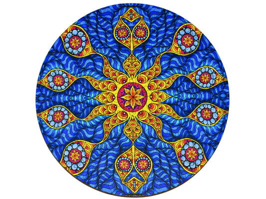The front of the puzzle, High Sierra, witch shows a colorful abstract pattern in blue and yellow.