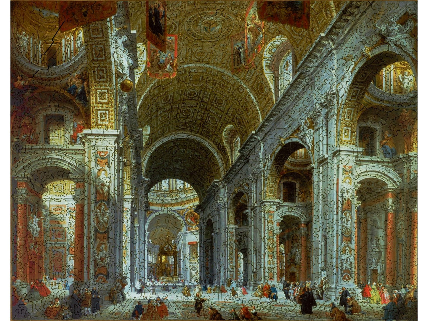 The front of the puzzle, Interior of St. Peter's, Rome, which shows the inside of an large, ornate church.