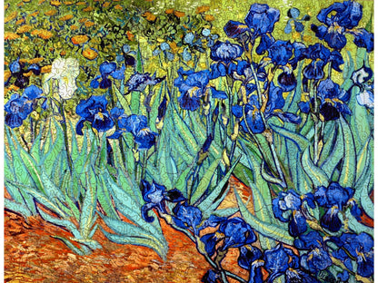 The front of the puzzle, Irises, which shows an impressionist style painting of lots of blue iris flowers in a garden.