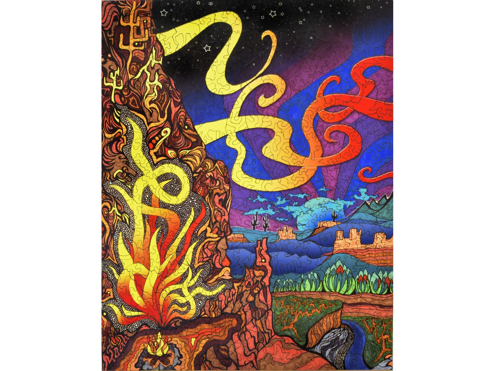 The front of the puzzle, Island in the Sky, which shows a colorful desert scene with a campfire and abstract patterns.