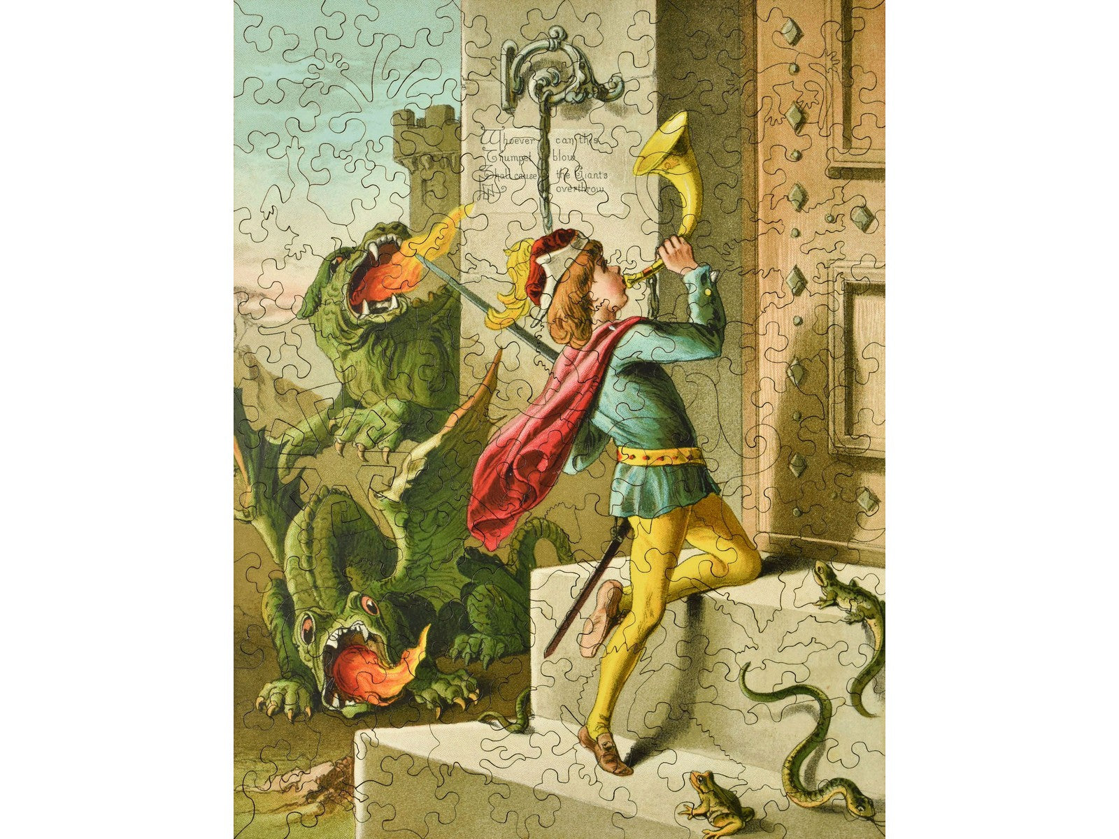 The front of the puzzle, Jack the Giant Killer, which shows a boy blowing a trumpet at a castle door.