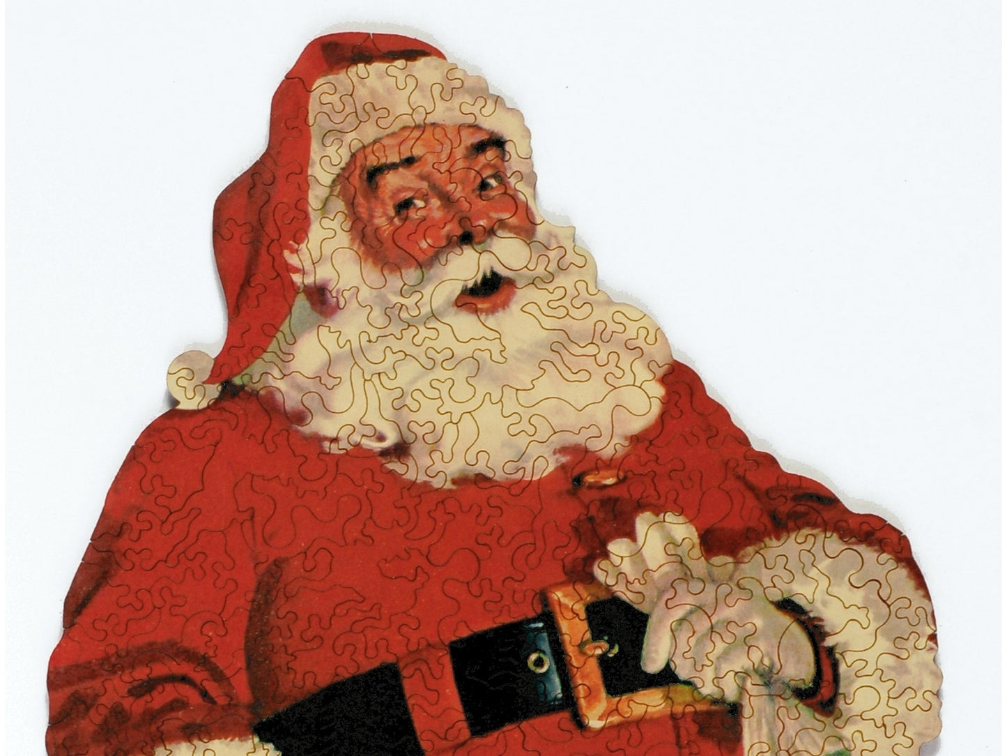 A closeup of the front of the puzzle, Jolly Old St. Nick.
