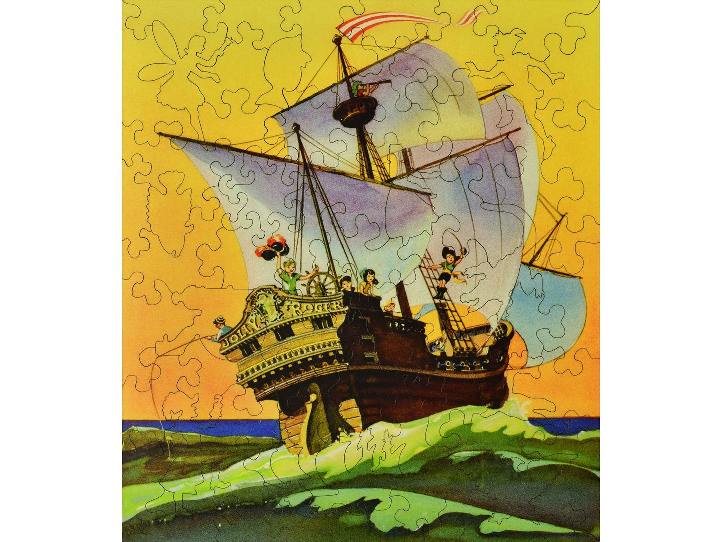 The front of the puzzle, Jolly Roger, which shows a pirate ship sailing.