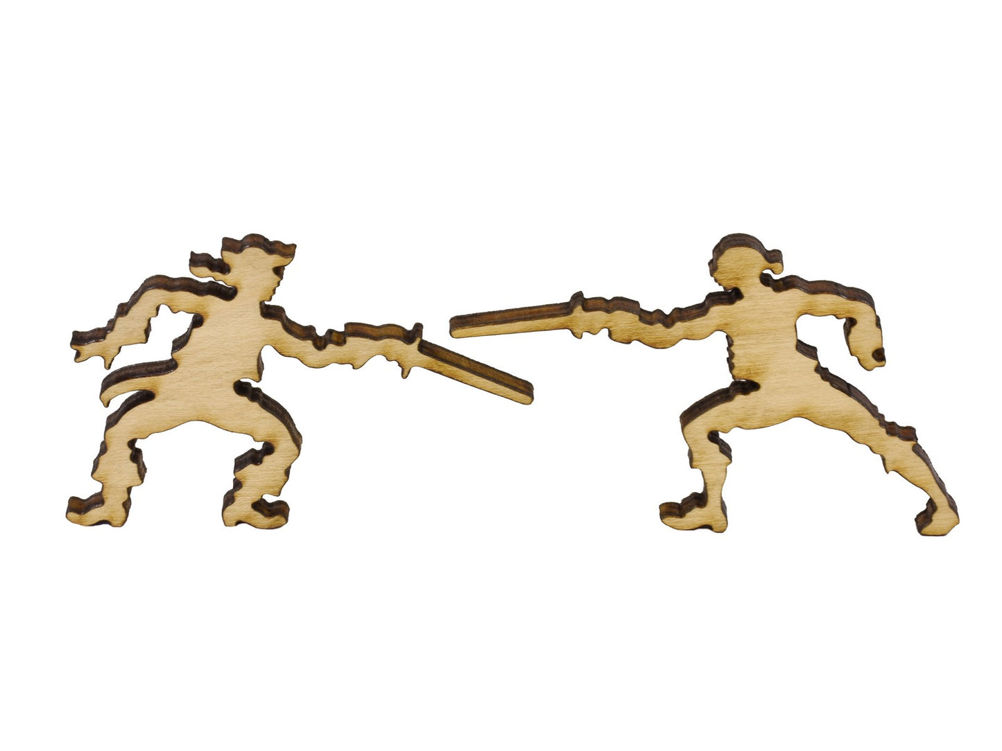 A closeup of pieces in the shape of two people fencing.