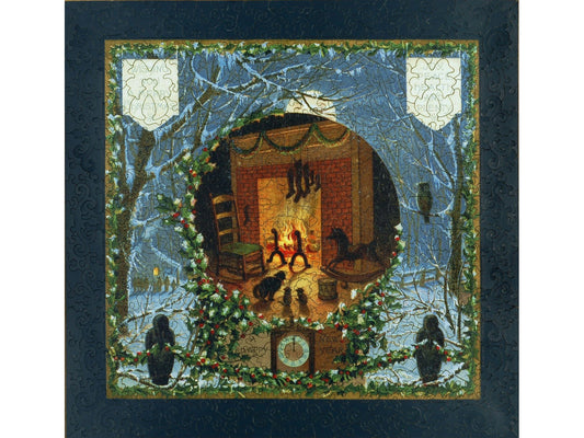 The front of the puzzle, Joy, Peace, Health & Plenty, which shows a fireplace set into a winter forest.