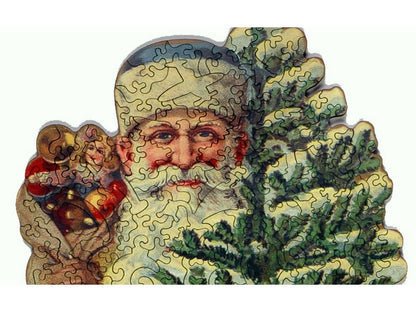 A closeup of the front of the puzzle, Joyful Yellow Santa.