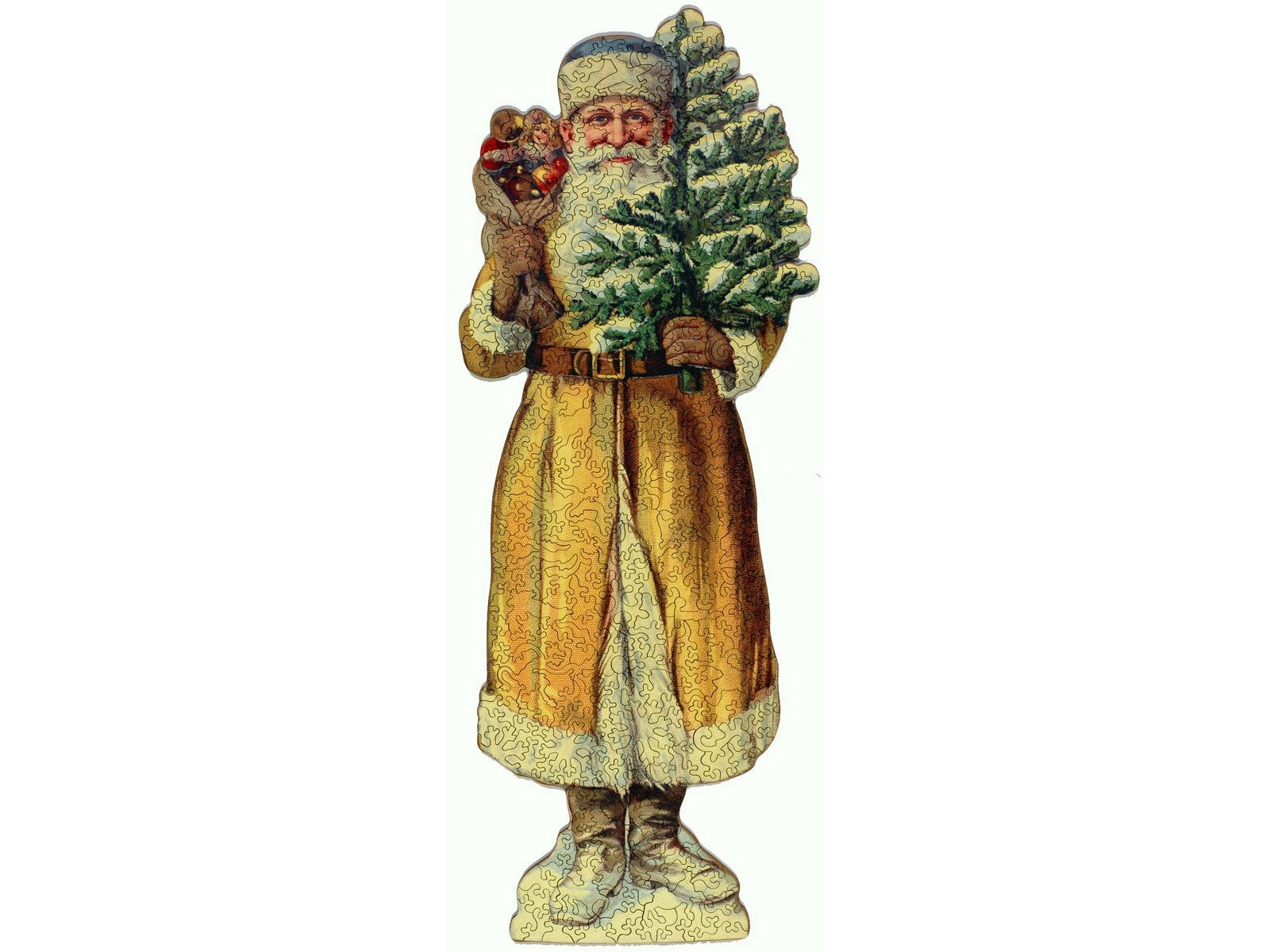 The front of the puzzle, Joyful Yellow Santa, which shows Santa Claus wearing a yellow coat, holding a bag of toys and a small Christmas Tree.