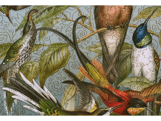 A closeup of the front of the puzzle, Kolibris, showing the detail in the pieces.