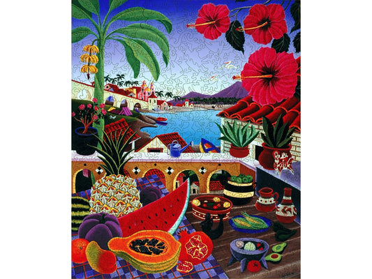 The front of the puzzle, La Paz, which shows a colorful latin american town with flowers and fruits in the foreground.
