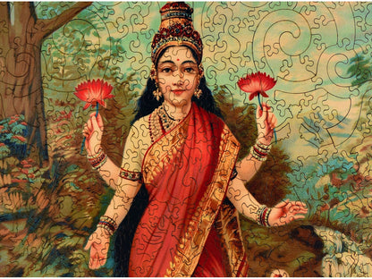 A closeup of the front of the puzzle, Lakshmi, showing the detail in the pieces.