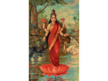 The front of the puzzle, Lakshmi, which shows the Goddess Lakshmi standing on a lotus flower in a lake.
