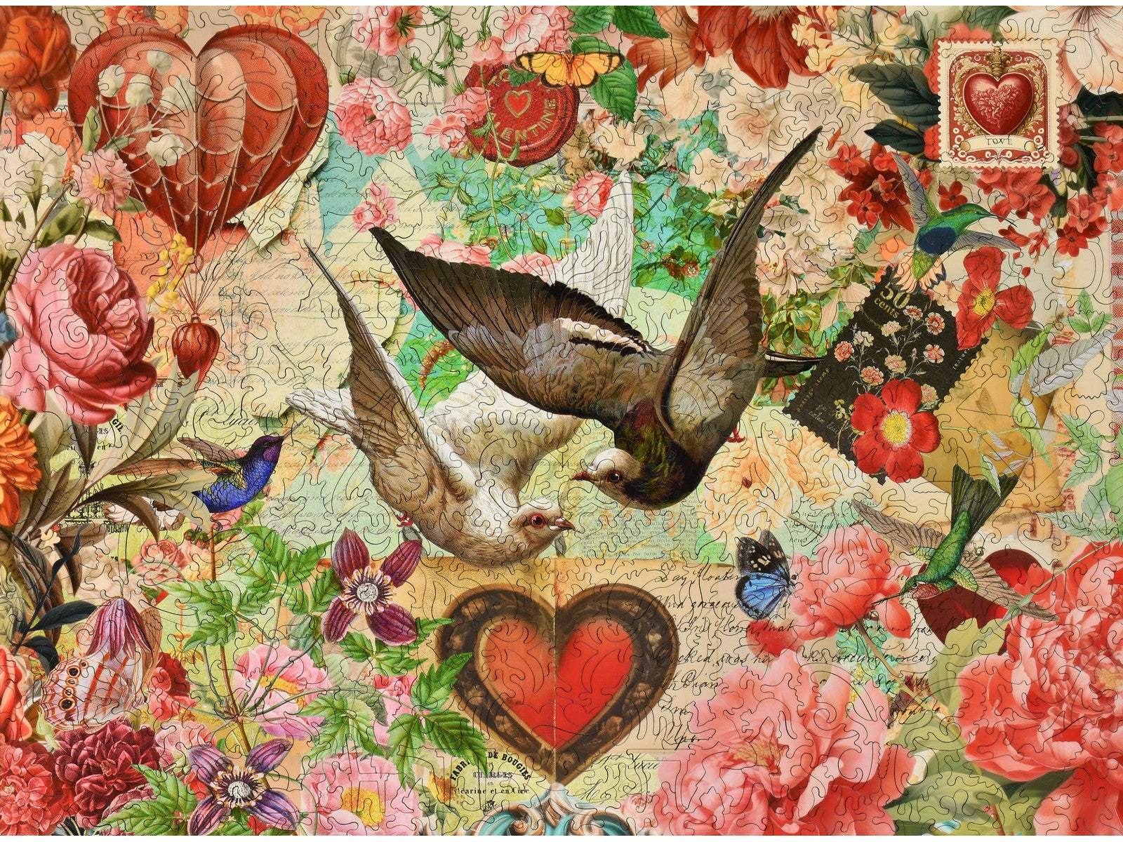 The front of the puzzle, Letters of Love, which shows a collage of birds, hearts, and flowers.