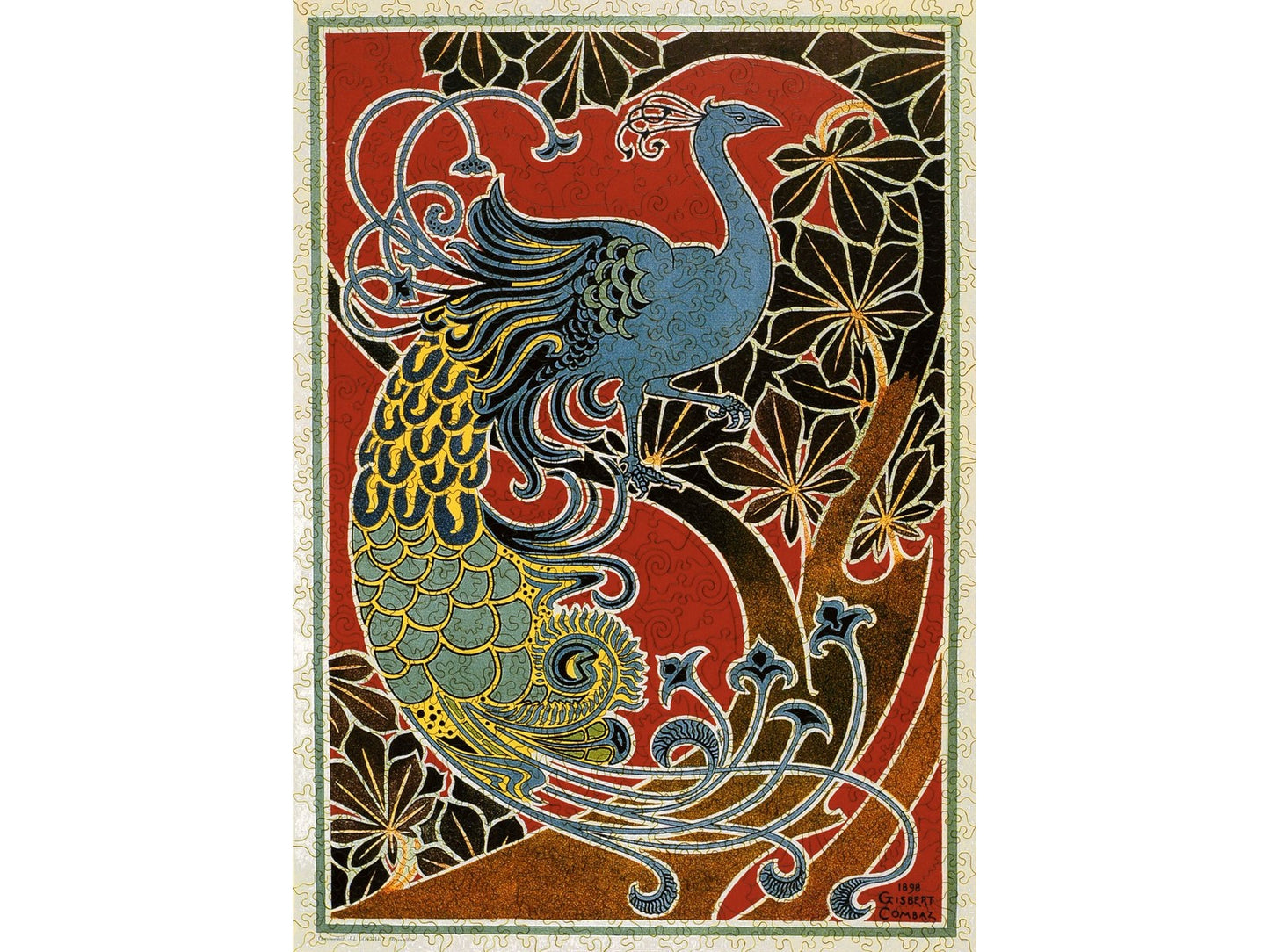 The front of the puzzle, Libre Esthetique, which shows a peacock and botanical pattern.