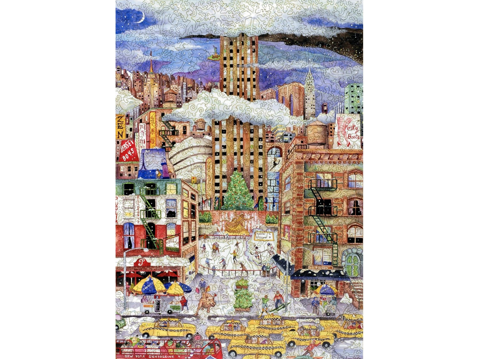 The front of the puzzle, Light Snowfall in New York, showing a winter scene in New York City at night.