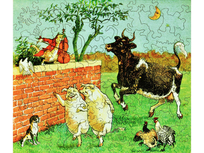 The front of the puzzle, Little Dog Laughed, which shows farm animals having a party.