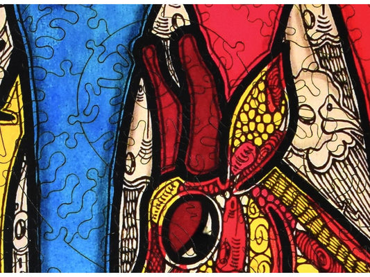 A closeup of the front of the puzzle, Lovers, showing the detail in the pieces.