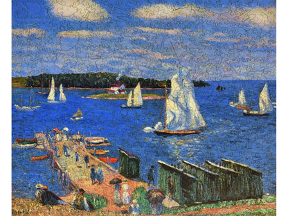 The front of the puzzle, Mahone Bay, which shows a pier and several sailboats on a bay.