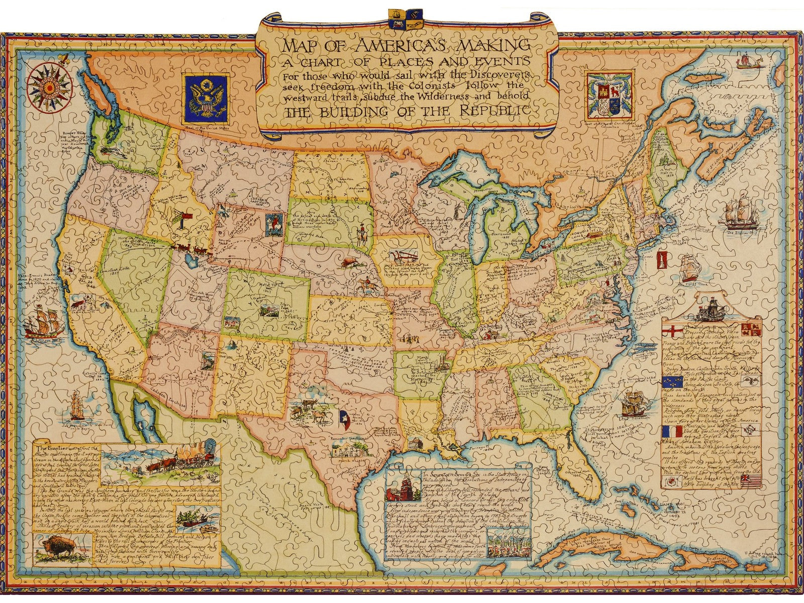 The front of the puzzle, Map of America's Making, which shows an antique map of the united states.