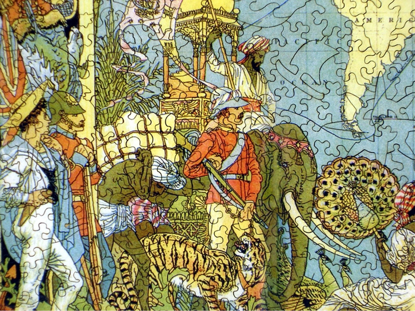 A closeup of the front of the puzzle, Map of the British Empire, showing the detail in the pieces.