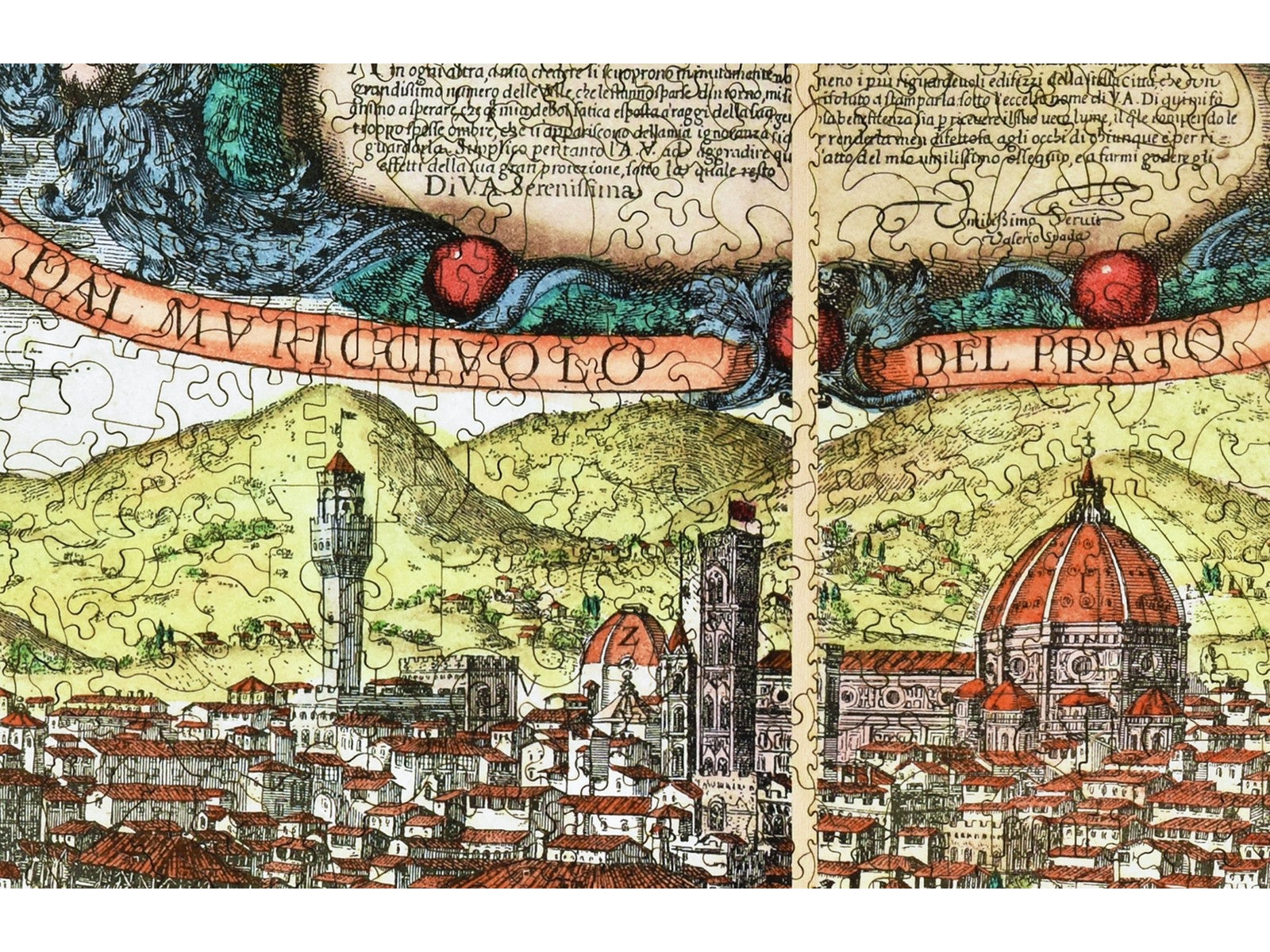 A closeup of the front of the puzzle, Map of Florence, showing the detail in the pieces.
