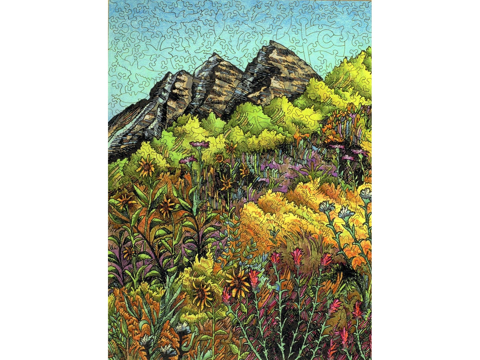 The front of the puzzle, Maroon Bells, which shows a illustrated landscape scene of Colorado mountains and wildflowers.