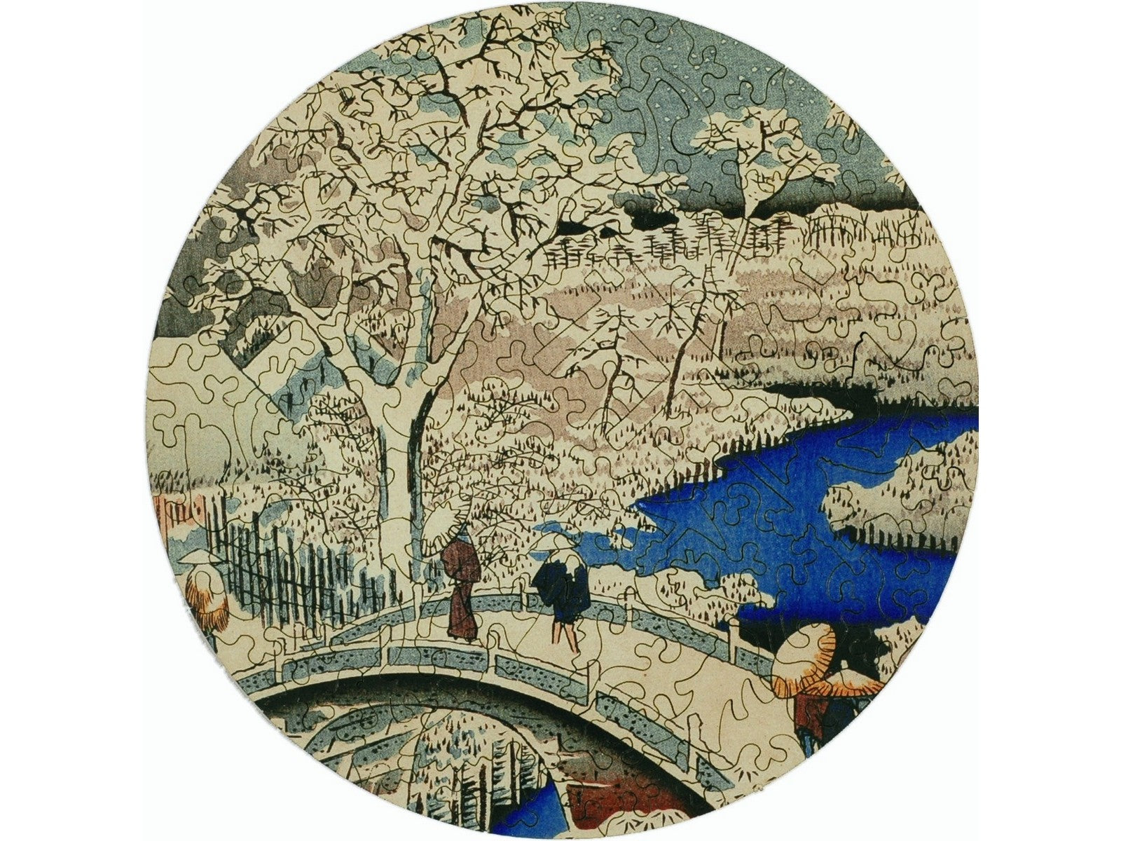 The front of the puzzle, Meguro Drum Bridge, which shows a Japanese style woodblock print of people crossing a bridge over a river.
