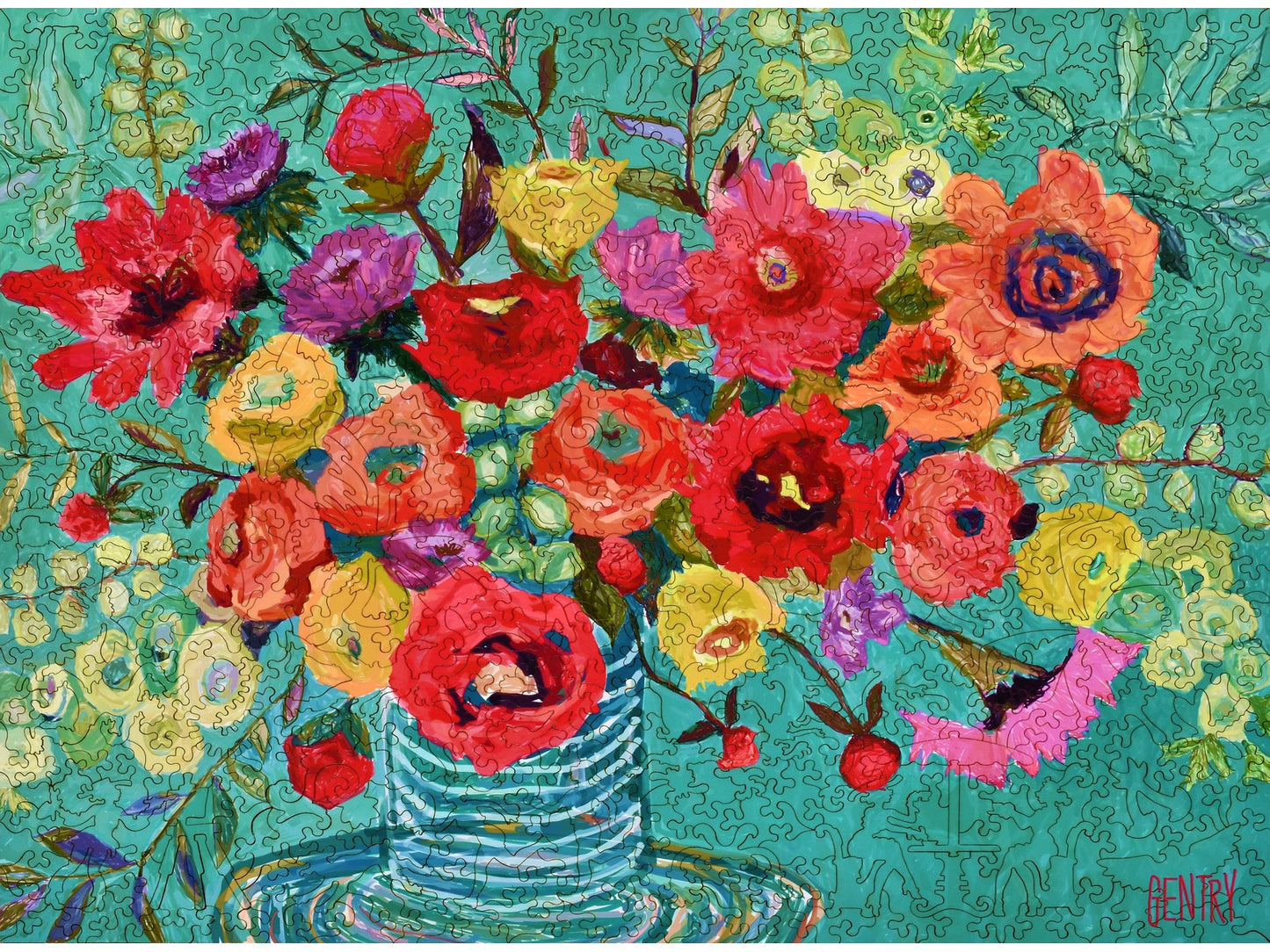 The front of the puzzle, Mel's Belles, which shows a vase of flowers.
