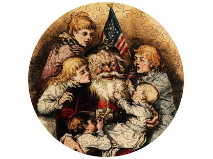 The front of the puzzle, Merry Christmas Round, which shows a group of children surrounding Santa Claus.
