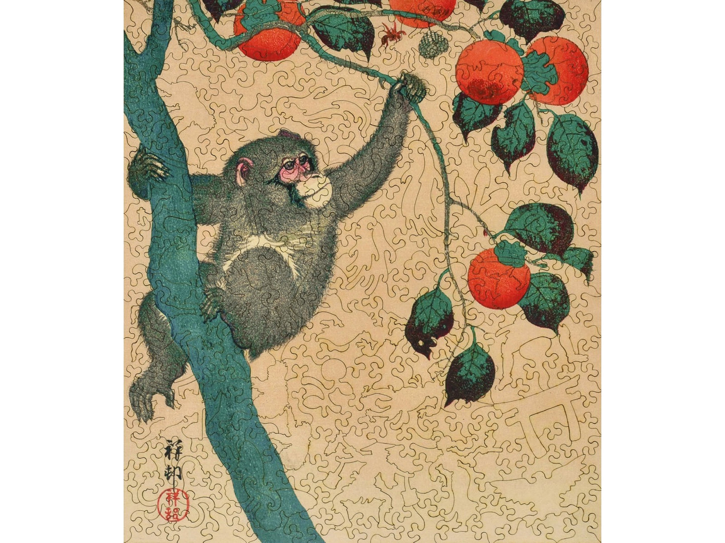 The front of the puzzle, Monkey in Persimmon Tree, which shows a monkey in fruit tree.