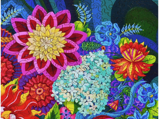 A closeup of the front of the puzzle, More Blooms in a Basket, showing the detail in the pieces.